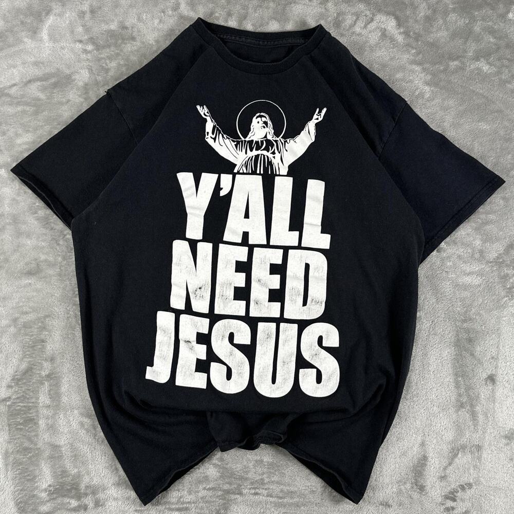 Spencer’s “Y’all Need Jesus” Graphic T-Shirt Mens L Black Religious Humor Tee